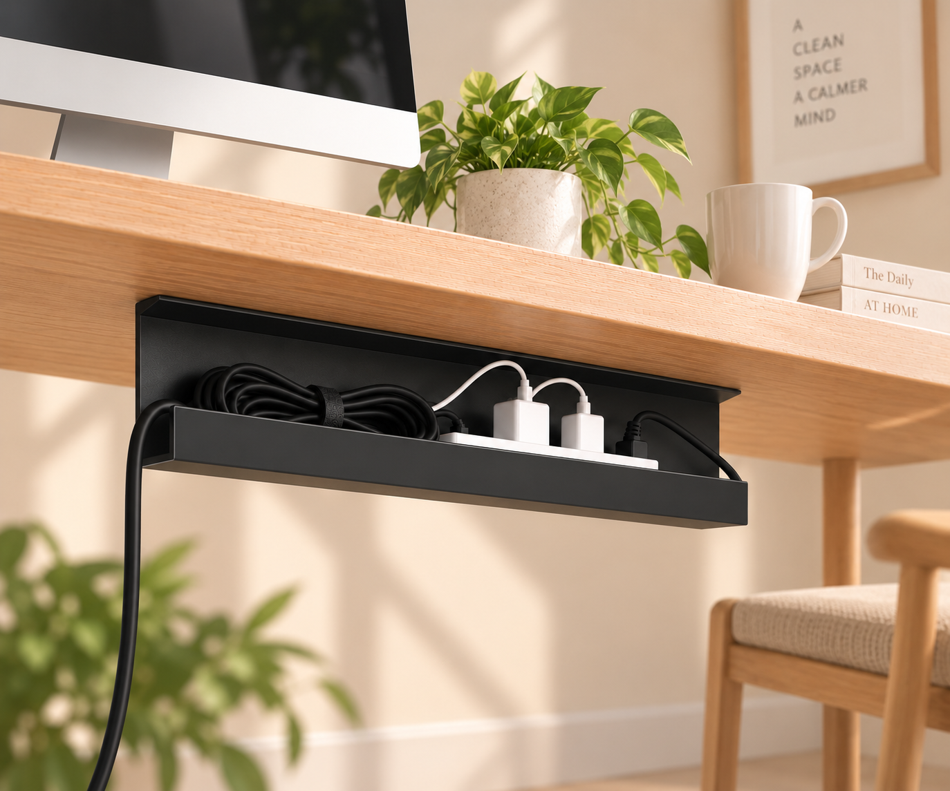 No-drill under desk cable management tray
