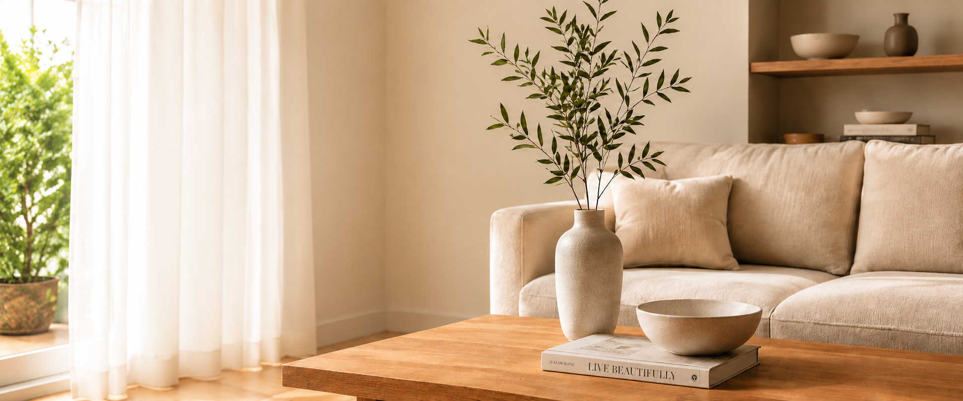 Ceramic vase with branches on a wooden table